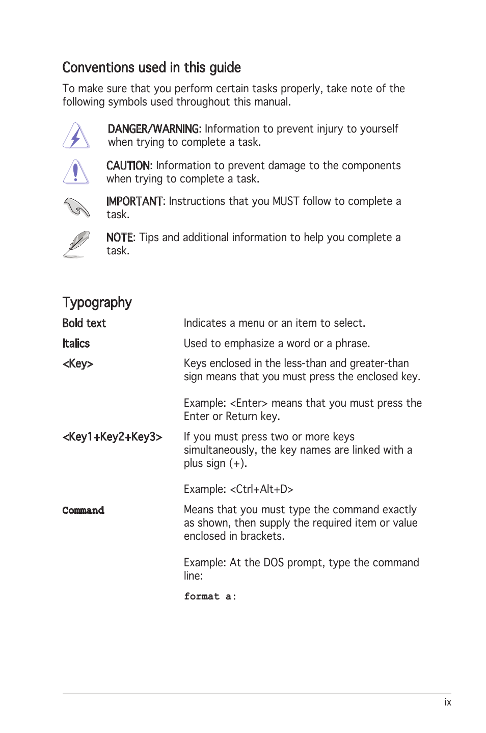 Conventions used in this guide, Typography | Asus Motherboard P5LD2 User Manual | Page 9 / 142