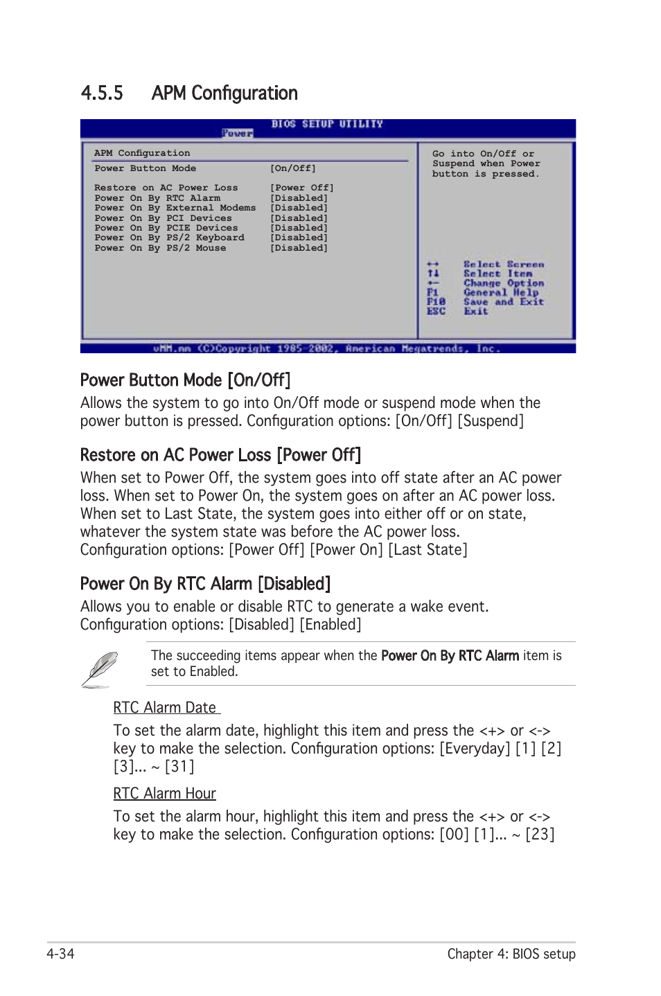 5 apm configuration, Power button mode [on/off, Restore on ac power loss [power off | Power on by rtc alarm [disabled | Asus Motherboard P5LD2 User Manual | Page 94 / 142