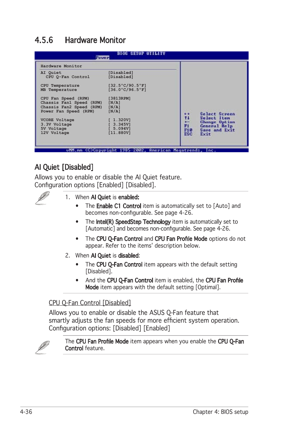 6 hardware monitor, Ai quiet [disabled | Asus Motherboard P5LD2 User Manual | Page 96 / 142