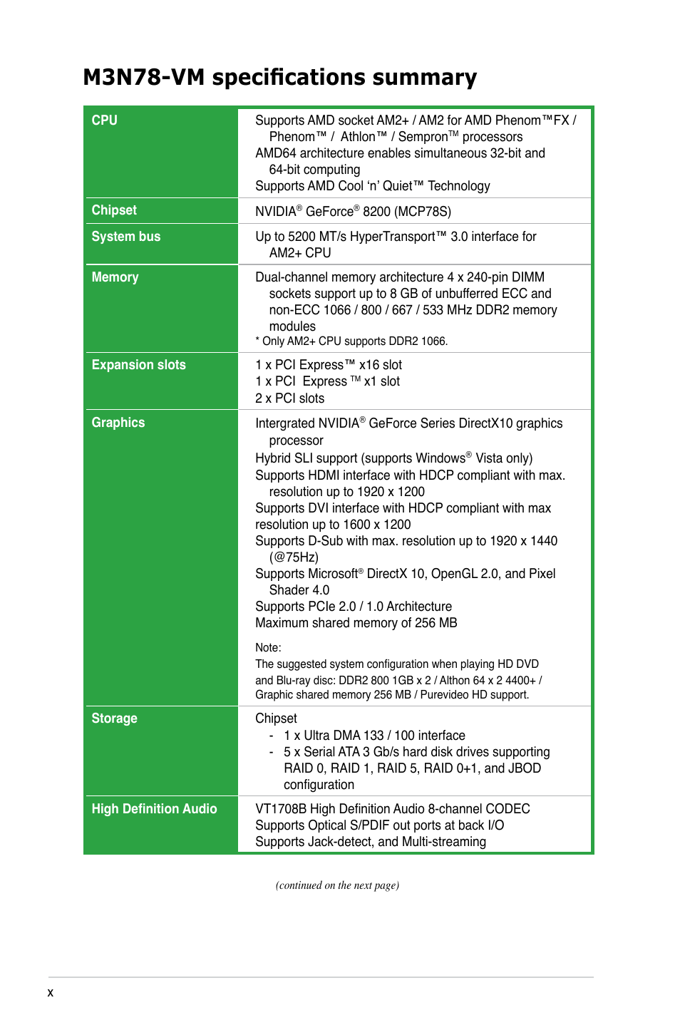 M3n78-vm specifications summary | Asus M3N78-VM User Manual | Page 10 / 106