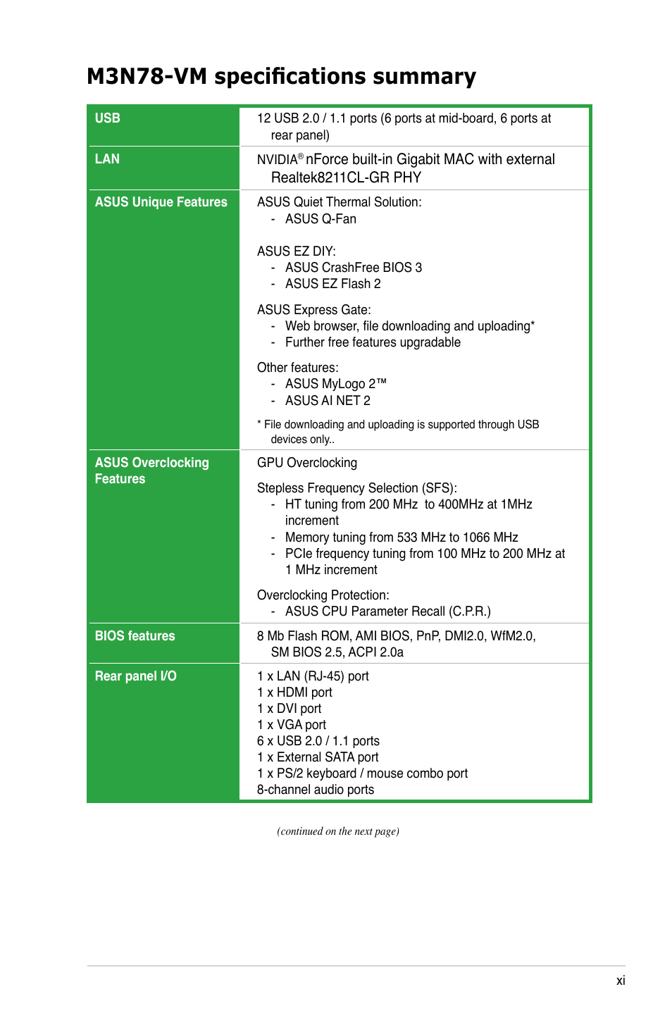 M3n78-vm specifications summary | Asus M3N78-VM User Manual | Page 11 / 106