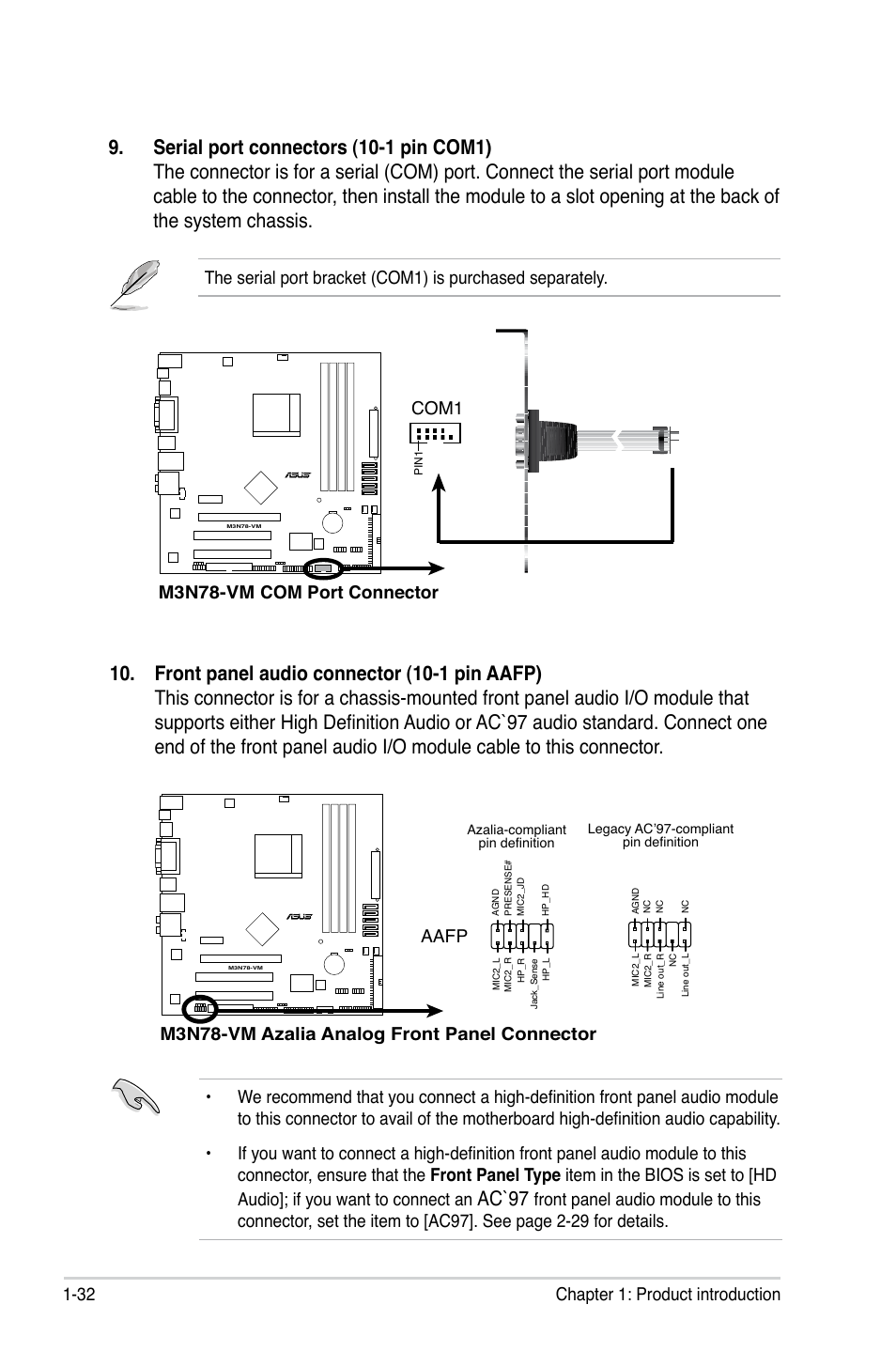 Ac`97, 32 chapter 1: product introduction, M3n78-vm com port connector | Com1, M3n78-vm azalia analog front panel connector, Aafp | Asus M3N78-VM User Manual | Page 44 / 106