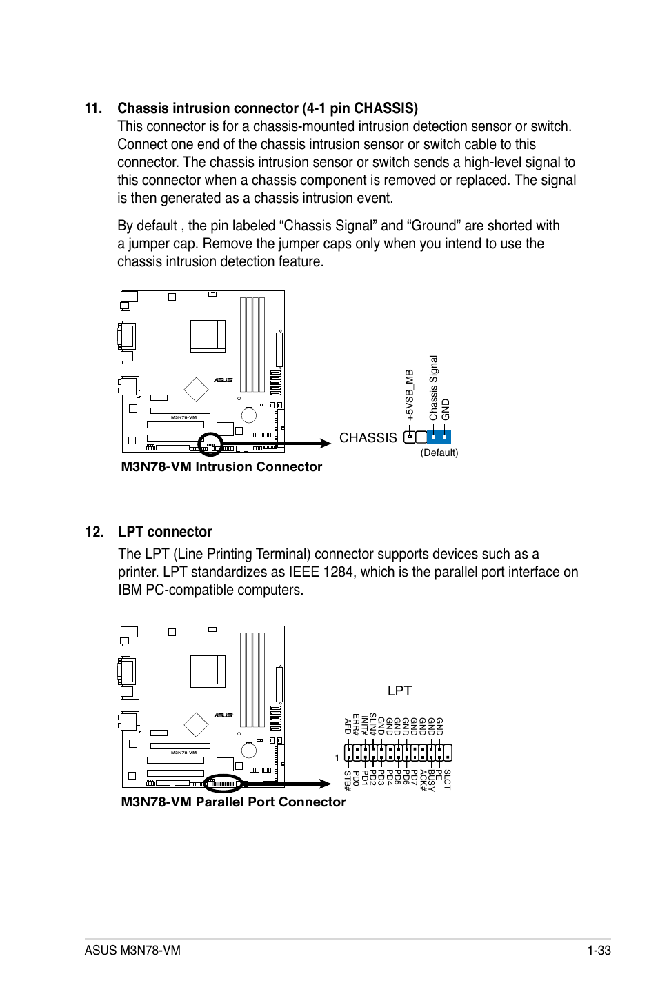 M3n78-vm parallel port connector lpt, M3n78-vm intrusion connector chassis | Asus M3N78-VM User Manual | Page 45 / 106