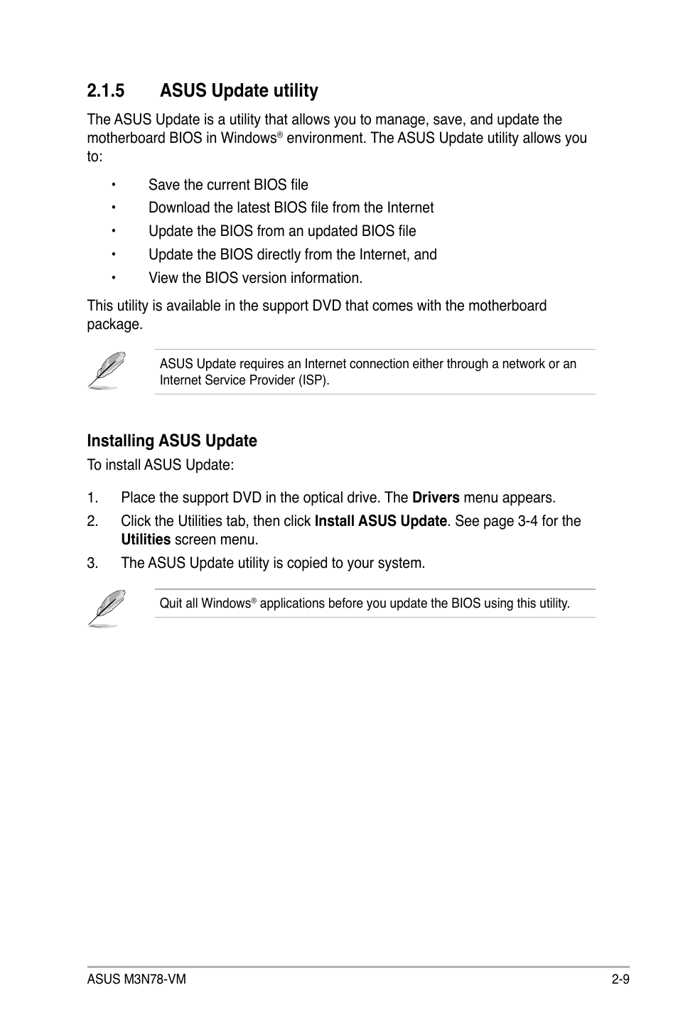 5 asus update utility, Installing asus update | Asus M3N78-VM User Manual | Page 57 / 106