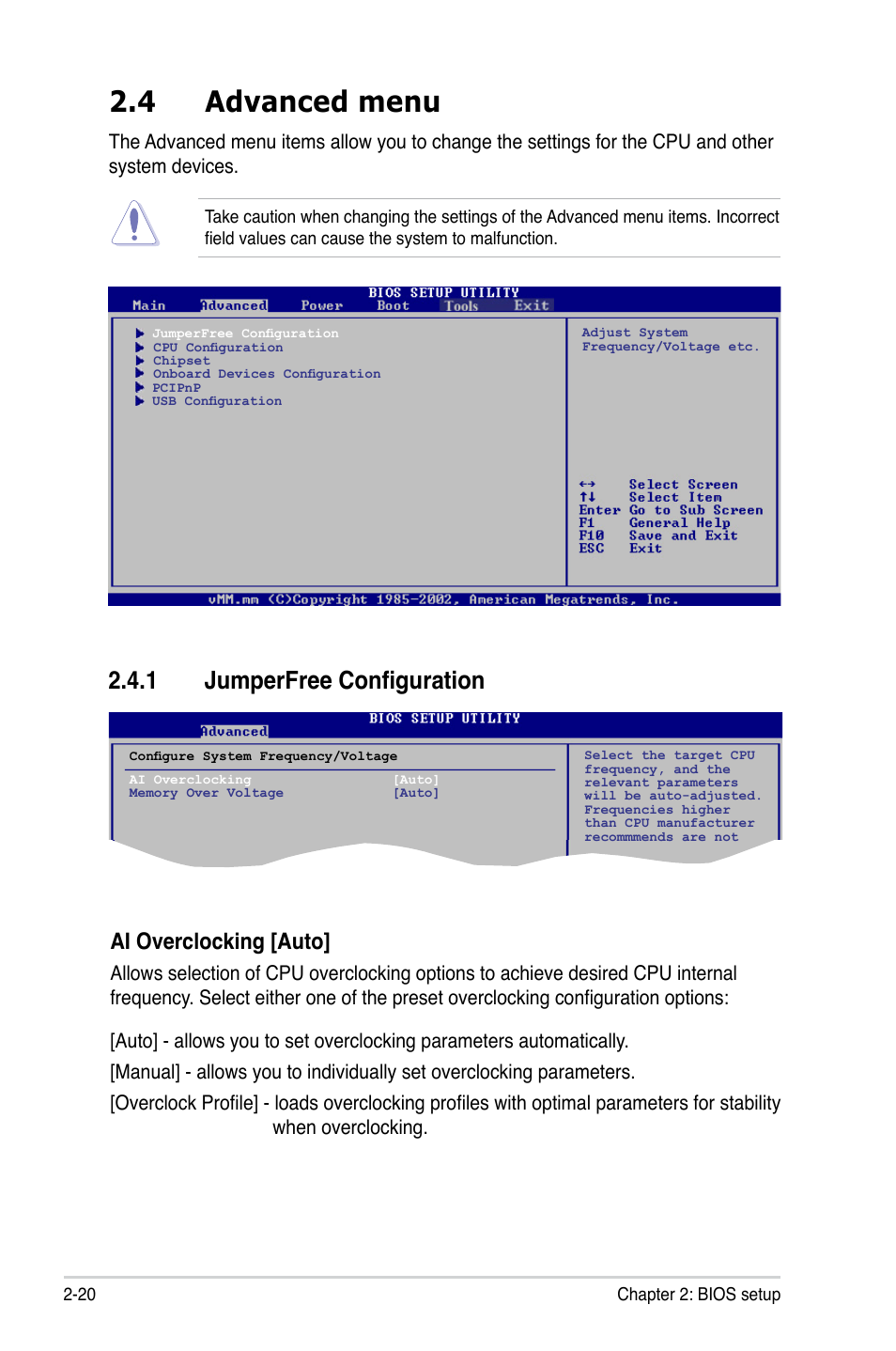 4 advanced menu, 1 jumperfree configuration, Ai overclocking [auto | Asus M3N78-VM User Manual | Page 68 / 106