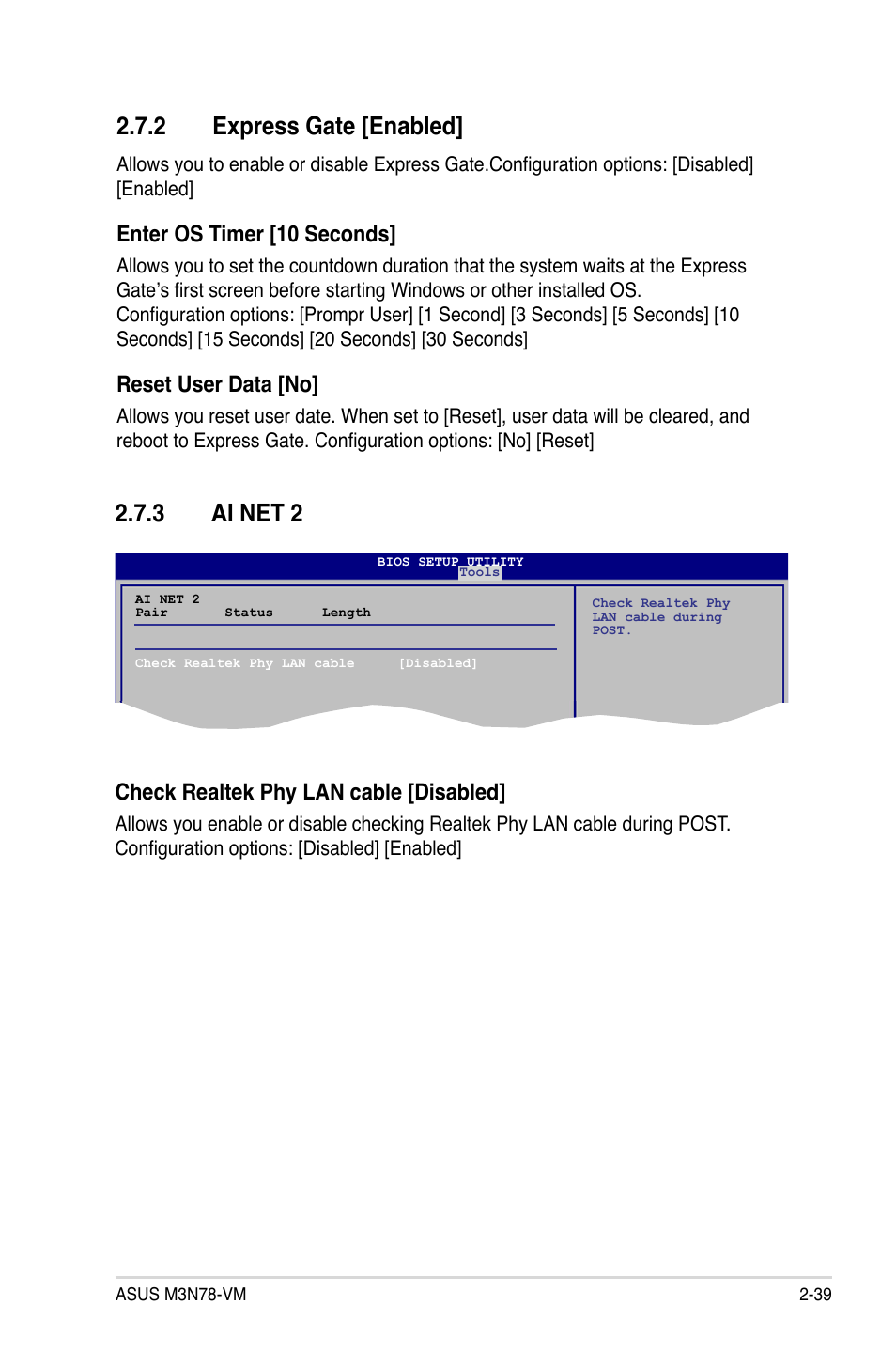 2 express gate [enabled, 3 ai net 2, Enter os timer [10 seconds | Reset user data [no, Check realtek phy lan cable [disabled | Asus M3N78-VM User Manual | Page 87 / 106