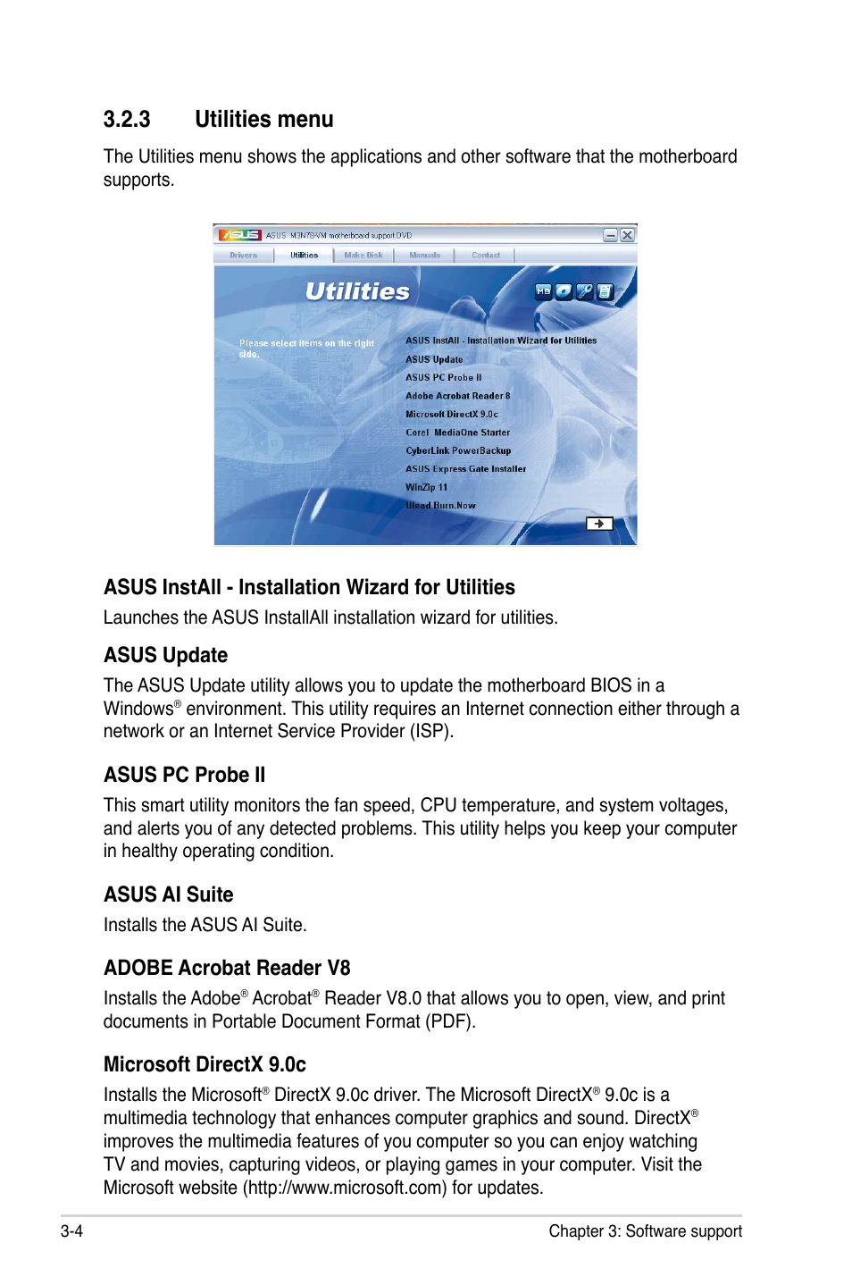 3 utilities menu, Asus install - installation wizard for utilities, Asus update | Asus pc probe ii, Asus ai suite, Adobe acrobat reader v8, Microsoft directx 9.0c | Asus M3N78-VM User Manual | Page 92 / 106