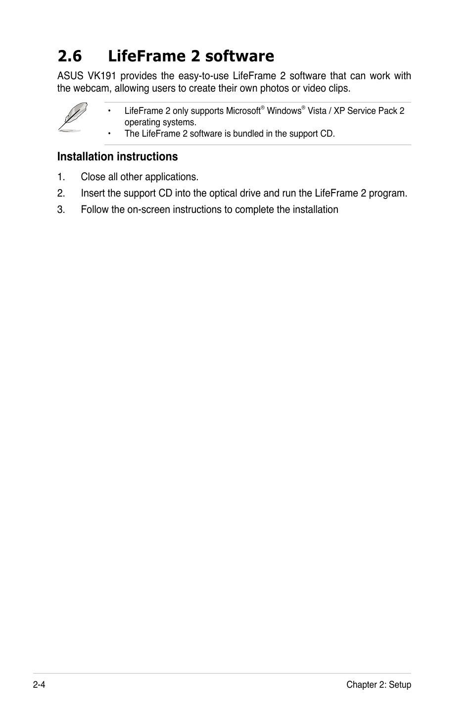 6 lifeframe 2 software, Lifeframe 2 software -4, Installation instructions | Asus VK191 User Manual | Page 16 / 22