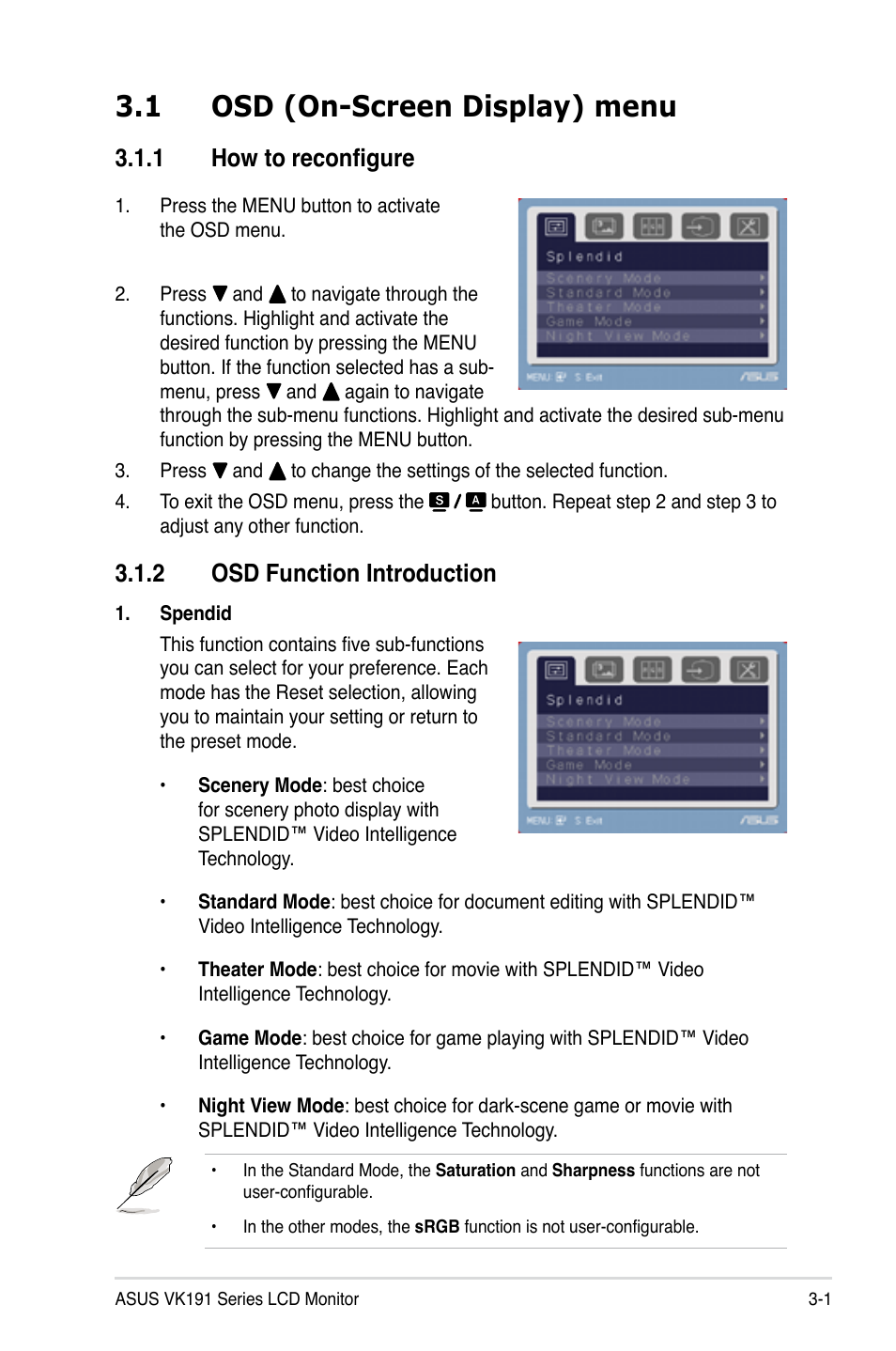 1 osd (on-screen display) menu, 1 how to reconfigure, 2 osd function introduction | Osd (on-screen display) menu -1 3.1.1, How to reconfigure -1, Osd function introduction -1 | Asus VK191 User Manual | Page 17 / 22