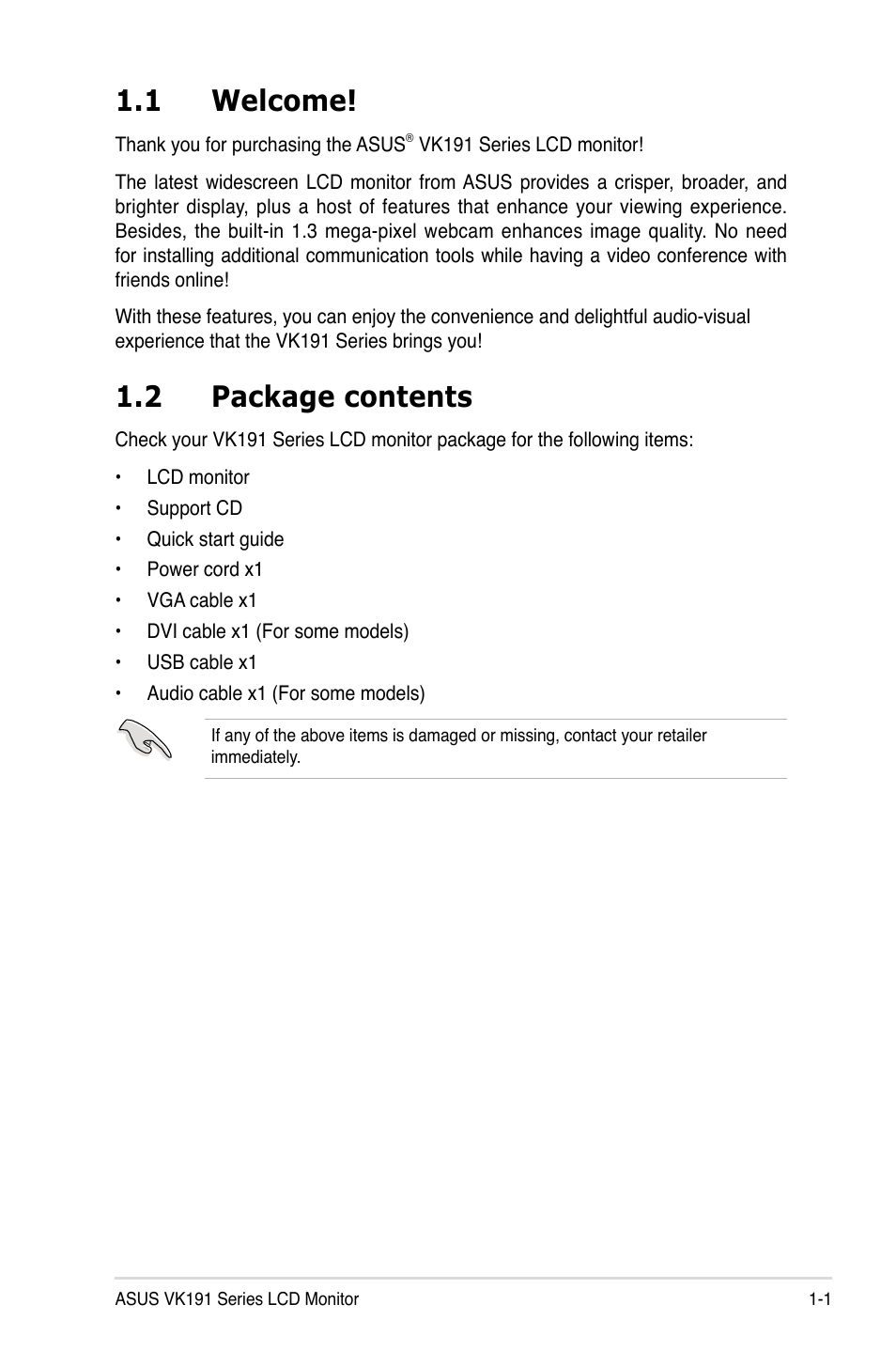 1 welcome, 2 package contents, Welcome! -1 | Package contents -1 | Asus VK191 User Manual | Page 9 / 22