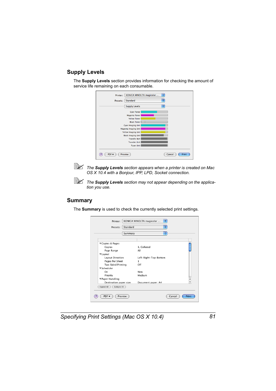 Supply levels, Summary, Supply levels 81 summary 81 | Konica Minolta MAGICOLOR 4695MF User Manual | Page 105 / 546