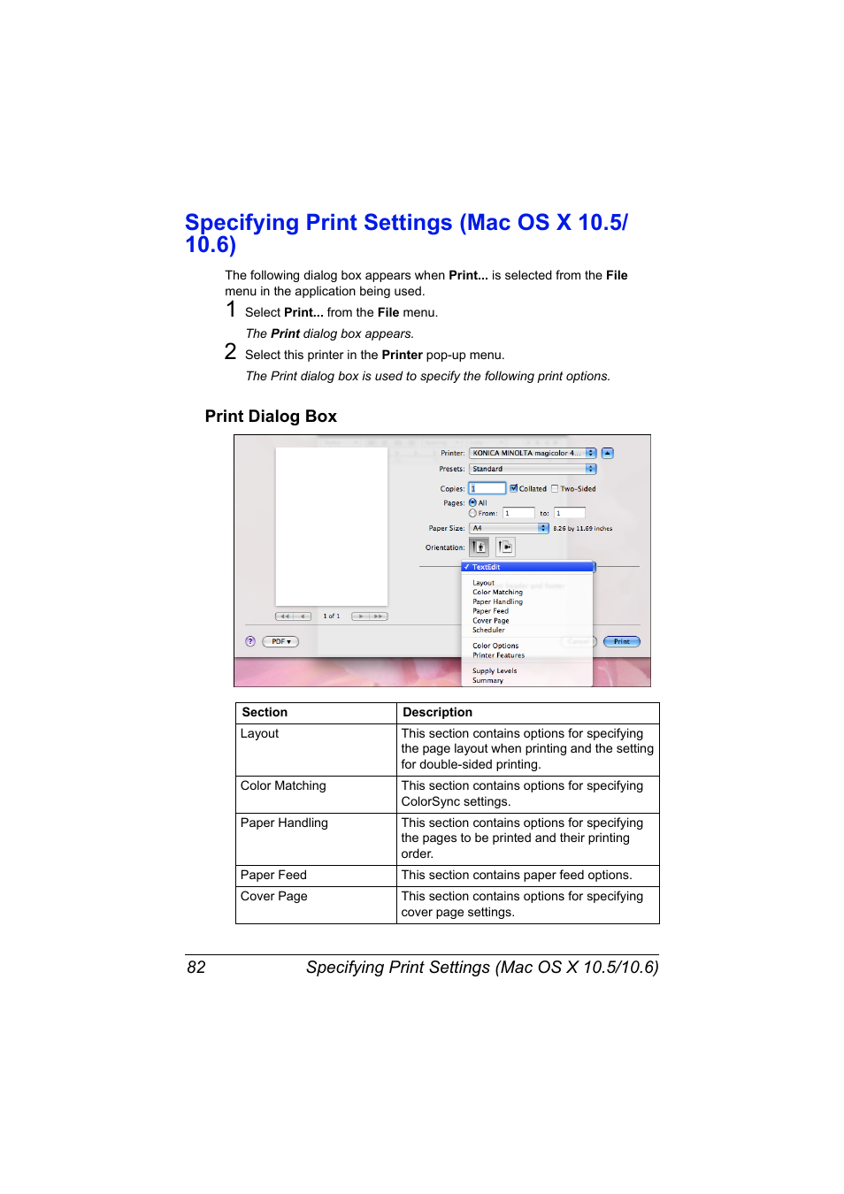 Specifying print settings (mac os x 10.5/ 10.6), Print dialog box, Specifying print settings (mac os x 10.5/10.6) 82 | Print dialog box 82 | Konica Minolta MAGICOLOR 4695MF User Manual | Page 106 / 546