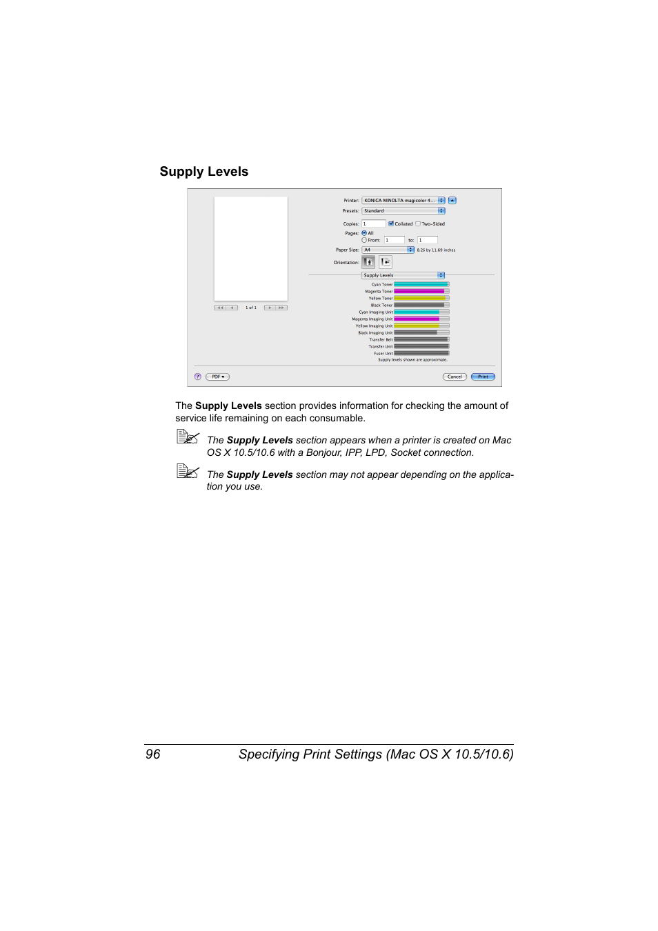 Supply levels, Supply levels 96 | Konica Minolta MAGICOLOR 4695MF User Manual | Page 120 / 546