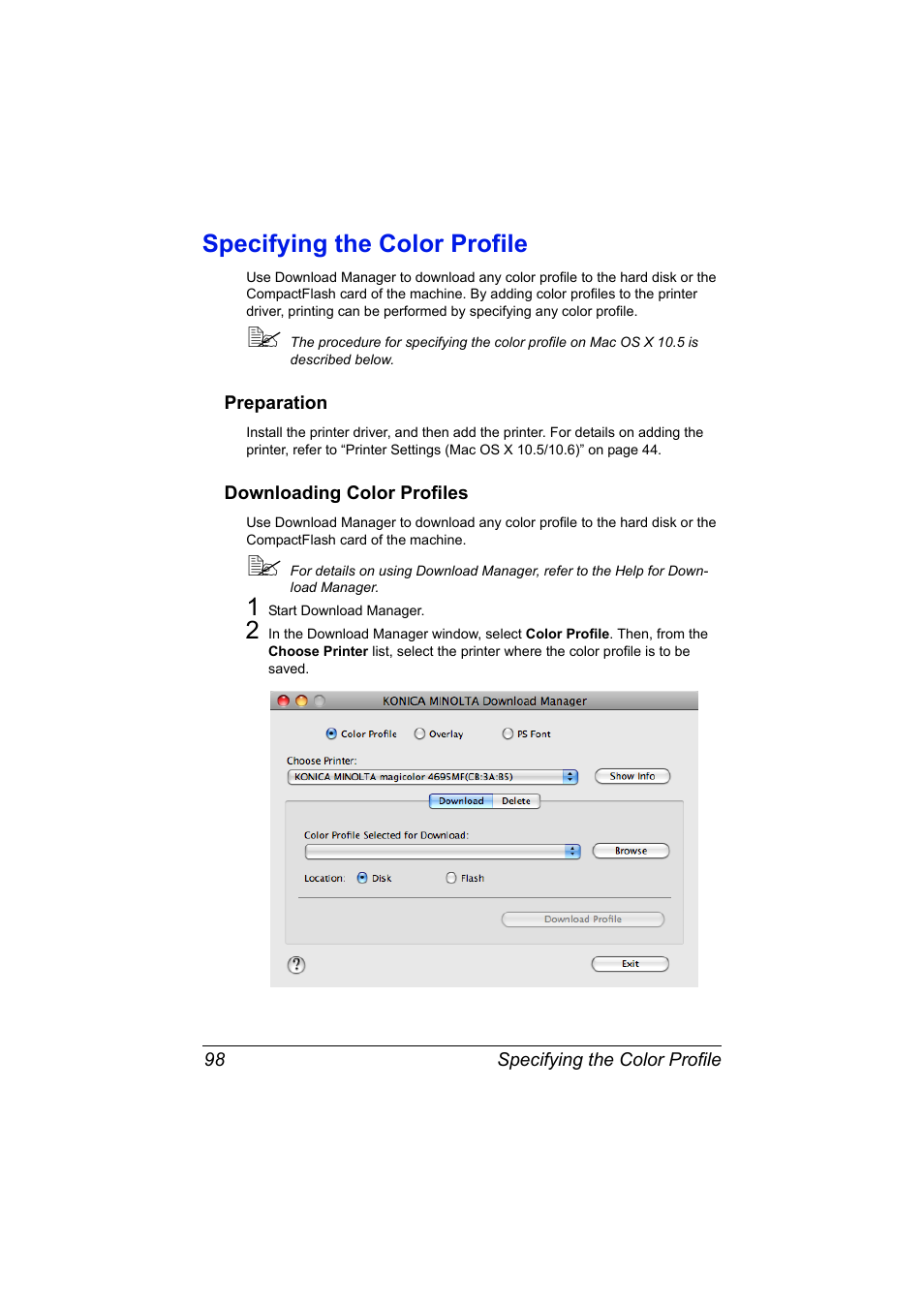 Specifying the color profile, Preparation, Downloading color profiles | Specifying the color profile 98, Preparation 98 downloading color profiles 98 | Konica Minolta MAGICOLOR 4695MF User Manual | Page 122 / 546