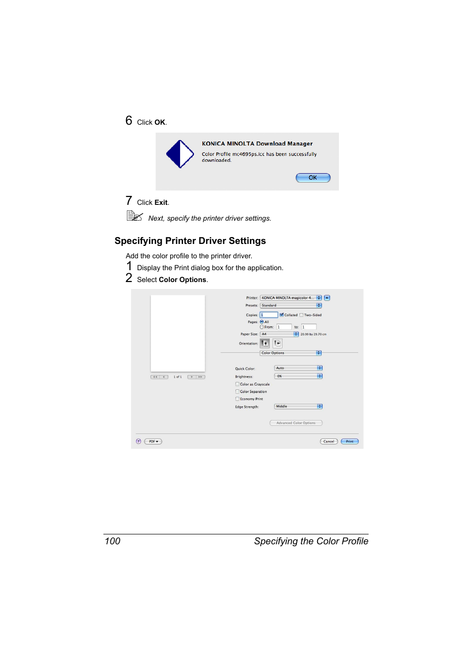 Specifying printer driver settings, Specifying printer driver settings 100 | Konica Minolta MAGICOLOR 4695MF User Manual | Page 124 / 546