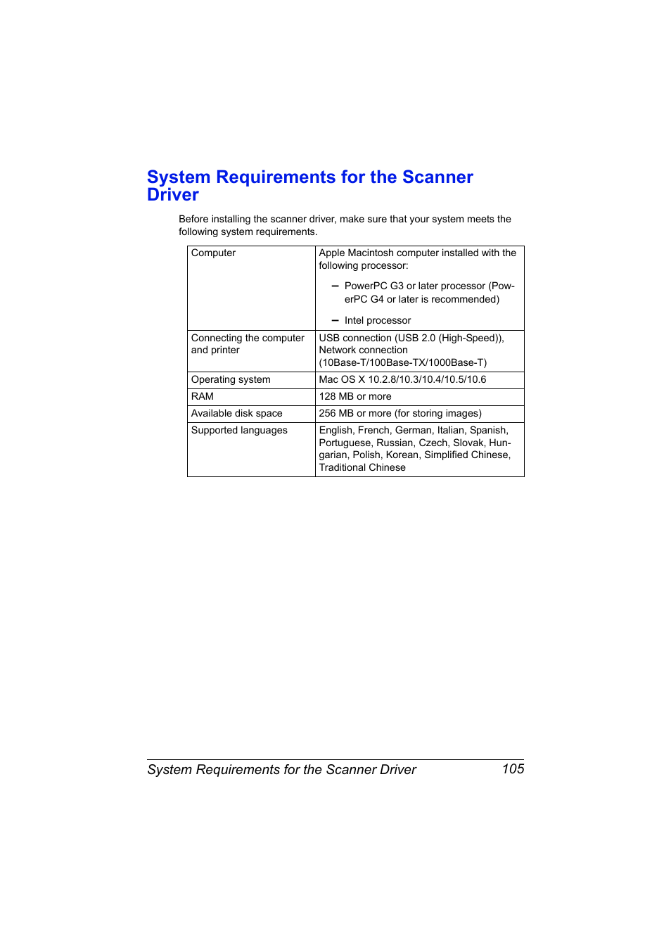 System requirements for the scanner driver, System requirements for the scanner driver 105 | Konica Minolta MAGICOLOR 4695MF User Manual | Page 129 / 546