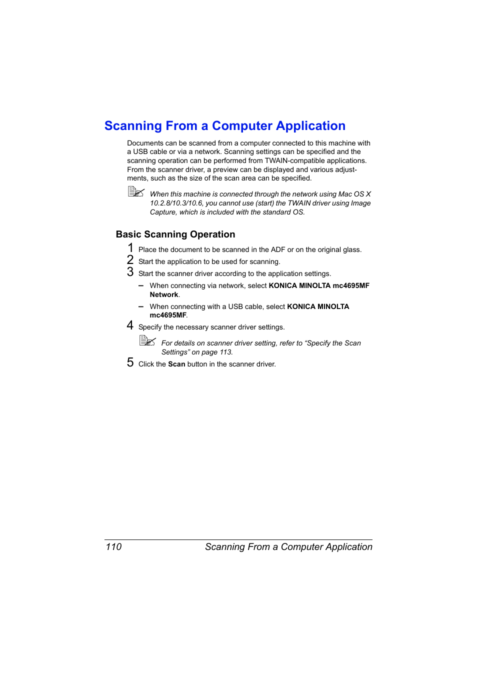 Scanning from a computer application, Basic scanning operation, Scanning from a computer application 110 | Basic scanning operation 110 | Konica Minolta MAGICOLOR 4695MF User Manual | Page 134 / 546