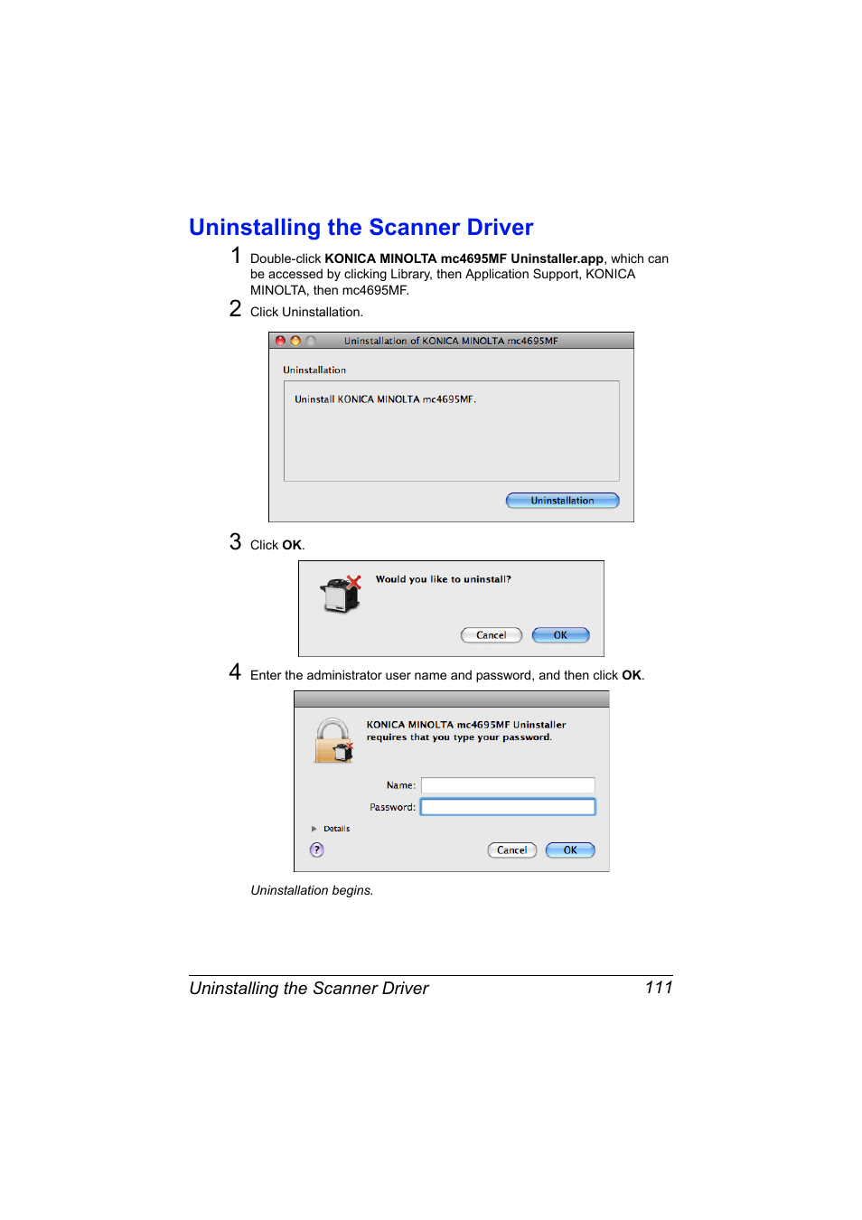 Uninstalling the scanner driver, Uninstalling the scanner driver 111, Uninstalling the scanner driver 1 | Konica Minolta MAGICOLOR 4695MF User Manual | Page 135 / 546