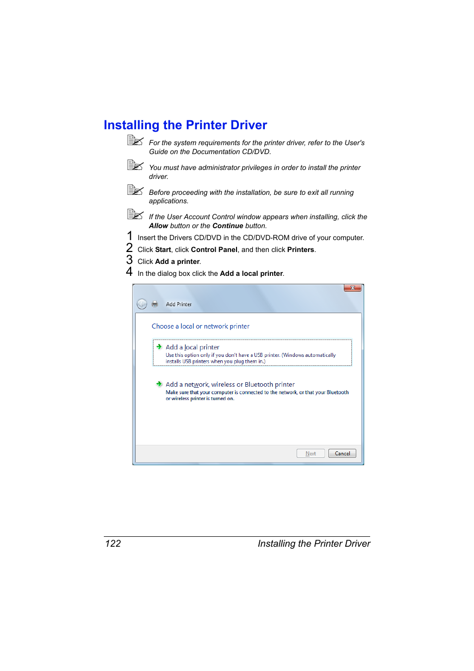 Installing the printer driver, Installing the printer driver 122 | Konica Minolta MAGICOLOR 4695MF User Manual | Page 146 / 546