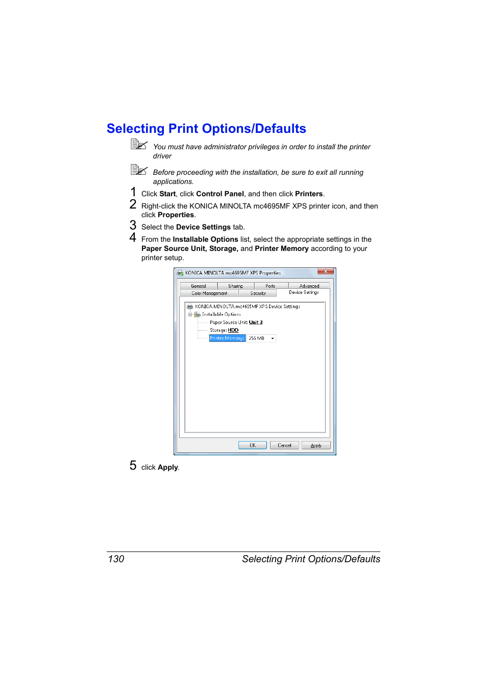 Selecting print options/defaults, Selecting print options/defaults 130 | Konica Minolta MAGICOLOR 4695MF User Manual | Page 154 / 546