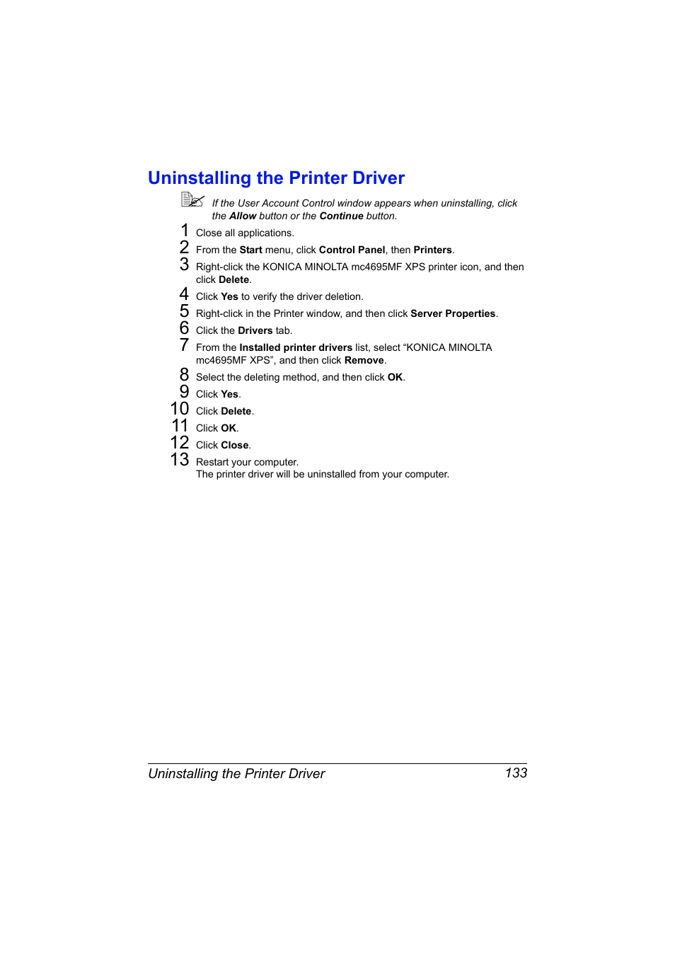 Uninstalling the printer driver, Uninstalling the printer driver 133 | Konica Minolta MAGICOLOR 4695MF User Manual | Page 157 / 546