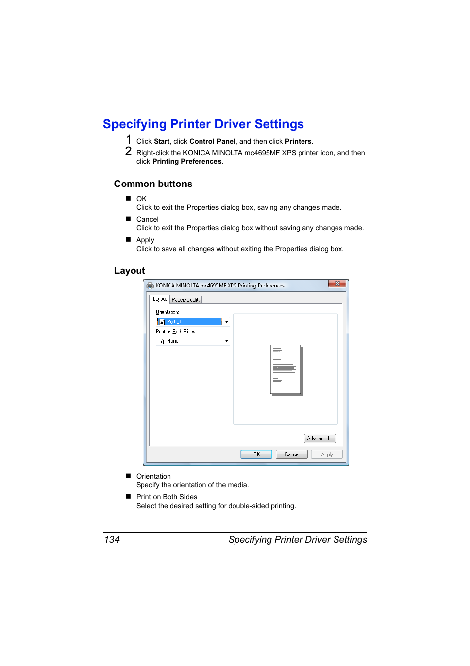 Specifying printer driver settings, Common buttons, Layout | Specifying printer driver settings 134, Common buttons 134 layout 134, Specifying printer driver settings 1 | Konica Minolta MAGICOLOR 4695MF User Manual | Page 158 / 546