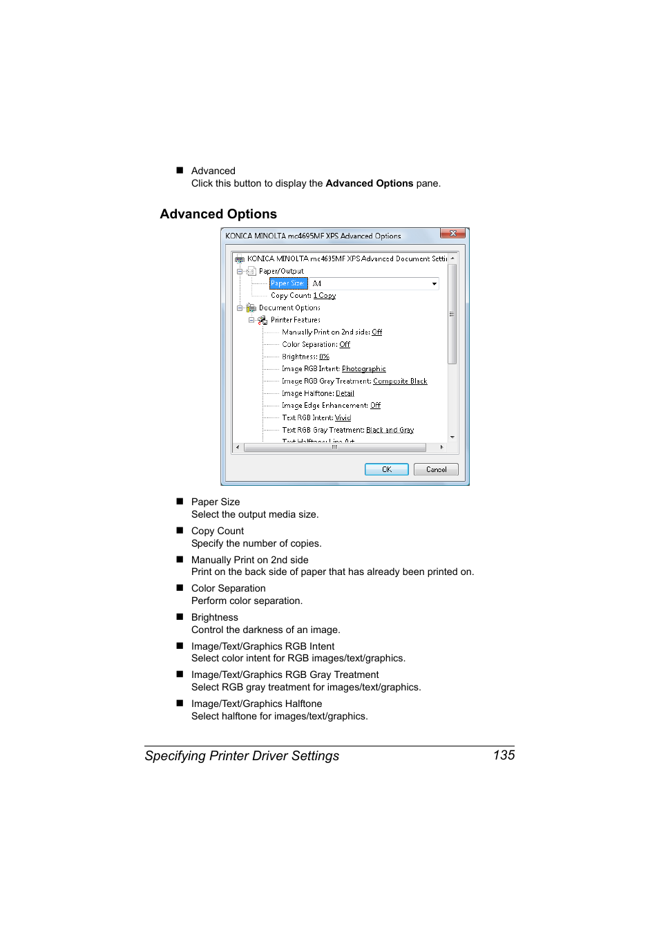 Advanced options, Advanced options 135, Specifying printer driver settings 135 | Konica Minolta MAGICOLOR 4695MF User Manual | Page 159 / 546