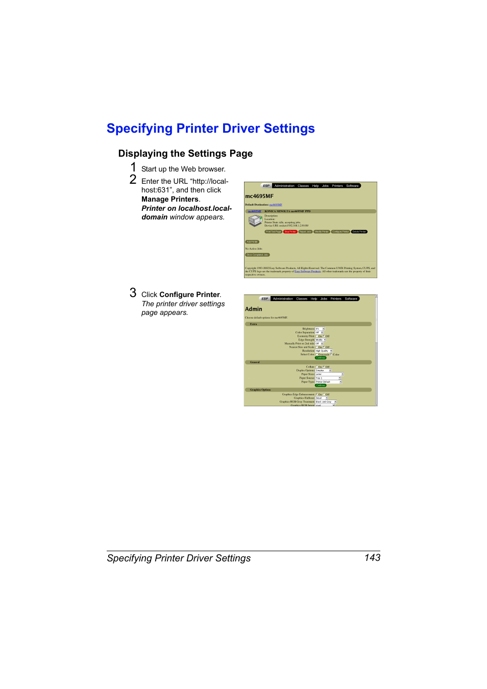 Specifying printer driver settings, Specifying printer driver settings 143 | Konica Minolta MAGICOLOR 4695MF User Manual | Page 167 / 546