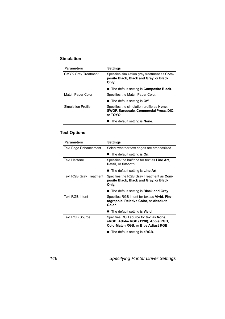 Simulation, Text options, Simulation 148 text options 148 | Specifying printer driver settings 148 | Konica Minolta MAGICOLOR 4695MF User Manual | Page 172 / 546