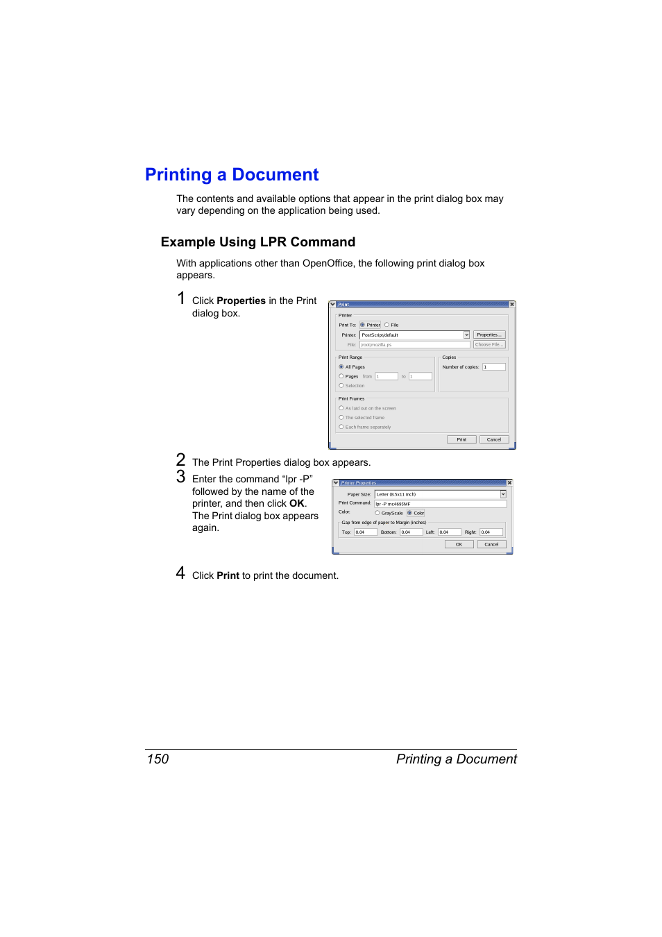 Printing a document, Example using lpr command, Printing a document 150 | Example using lpr command 150 | Konica Minolta MAGICOLOR 4695MF User Manual | Page 174 / 546