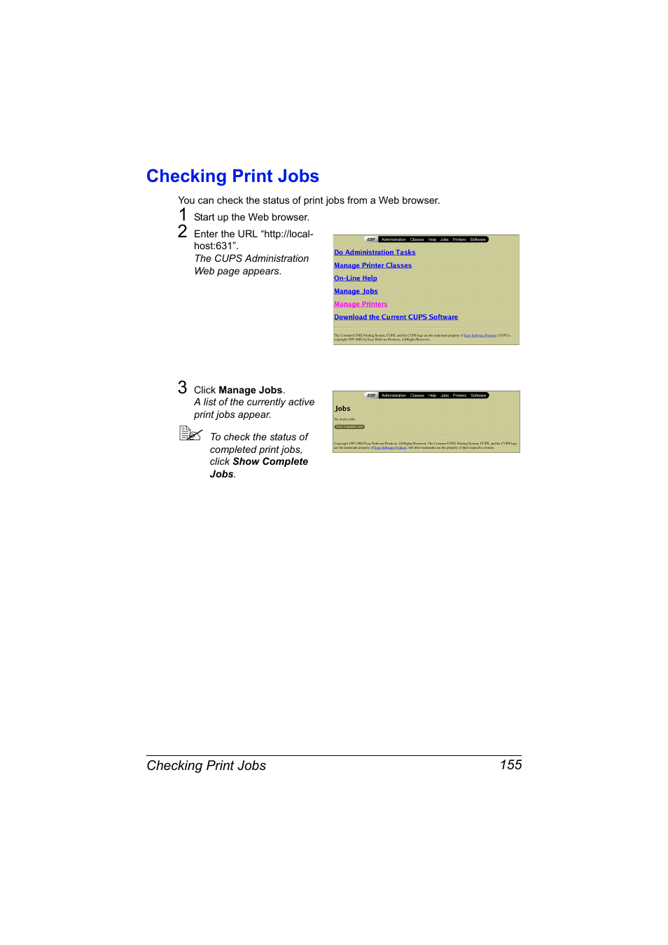 Checking print jobs, Checking print jobs 155 | Konica Minolta MAGICOLOR 4695MF User Manual | Page 179 / 546