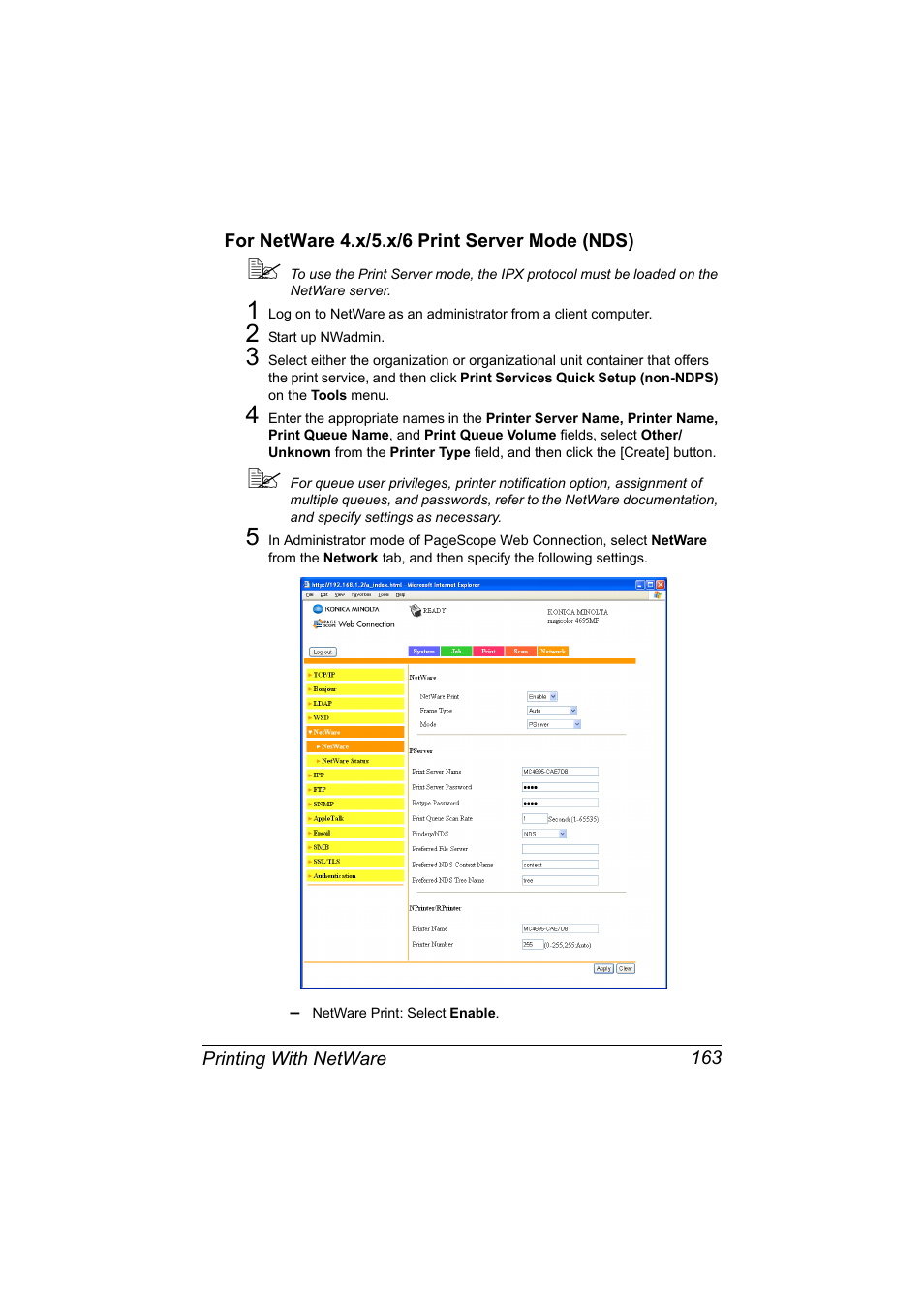 For netware 4.x/5.x/6 print server mode (nds), For netware 4.x/5.x/6 print server mode (nds) 163 | Konica Minolta MAGICOLOR 4695MF User Manual | Page 187 / 546