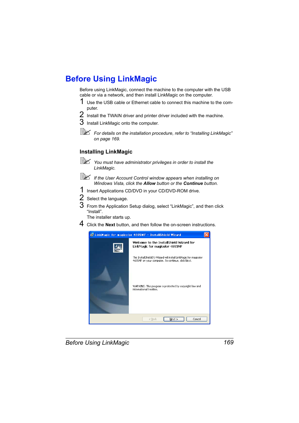 Before using linkmagic, Installing linkmagic, Before using linkmagic 169 | Installing linkmagic 169 | Konica Minolta MAGICOLOR 4695MF User Manual | Page 193 / 546