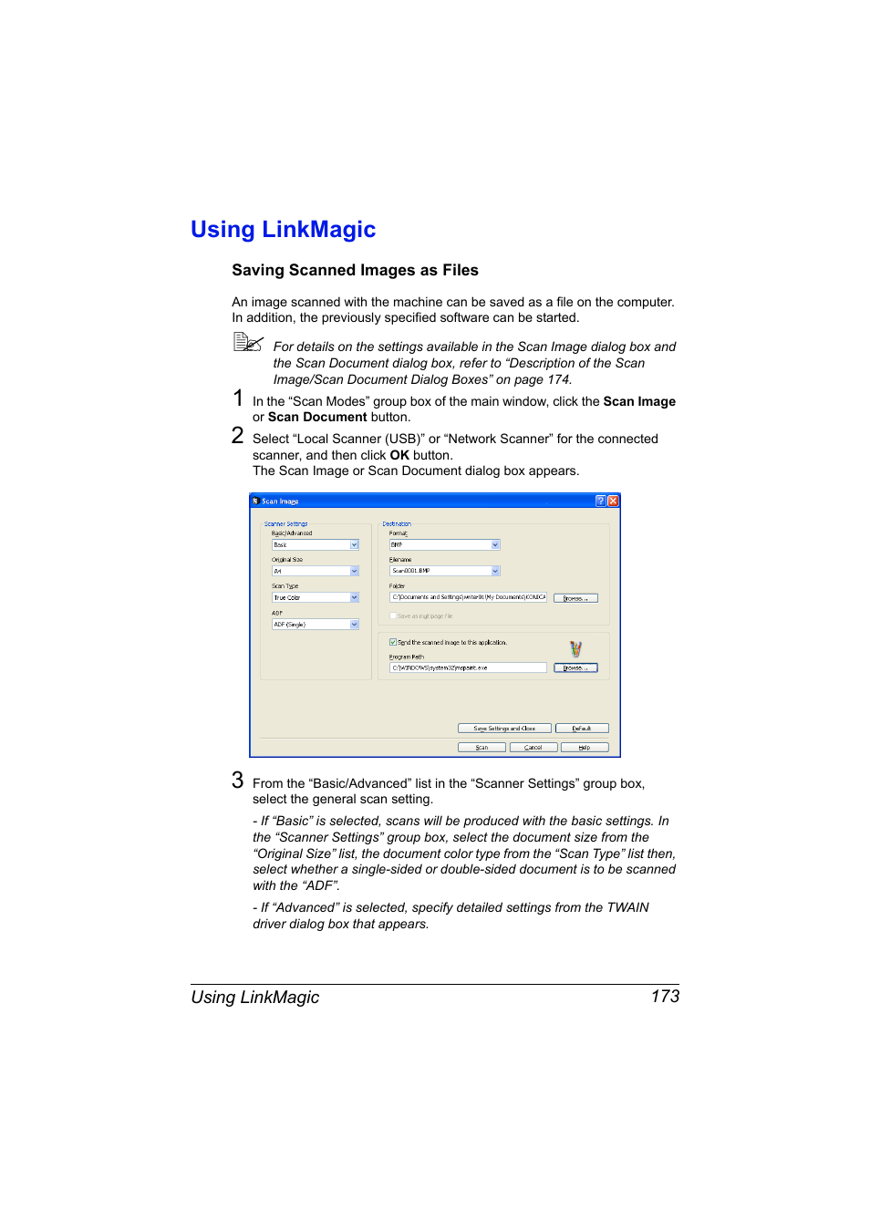 Using linkmagic, Saving scanned images as files, Using linkmagic 173 | Saving scanned images as files 173 | Konica Minolta MAGICOLOR 4695MF User Manual | Page 197 / 546