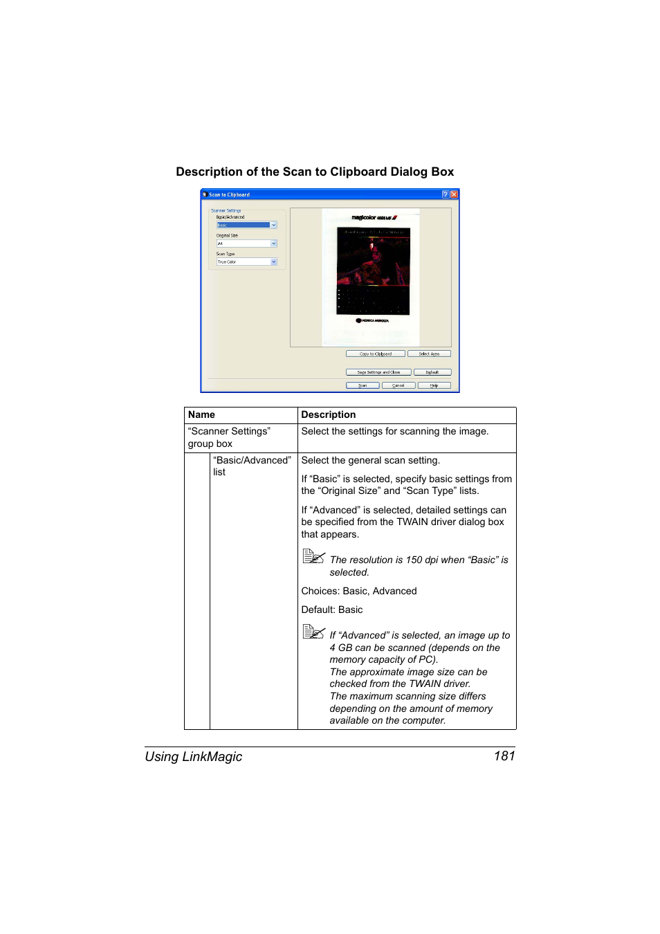 Description of the scan to clipboard dialog box | Konica Minolta MAGICOLOR 4695MF User Manual | Page 205 / 546