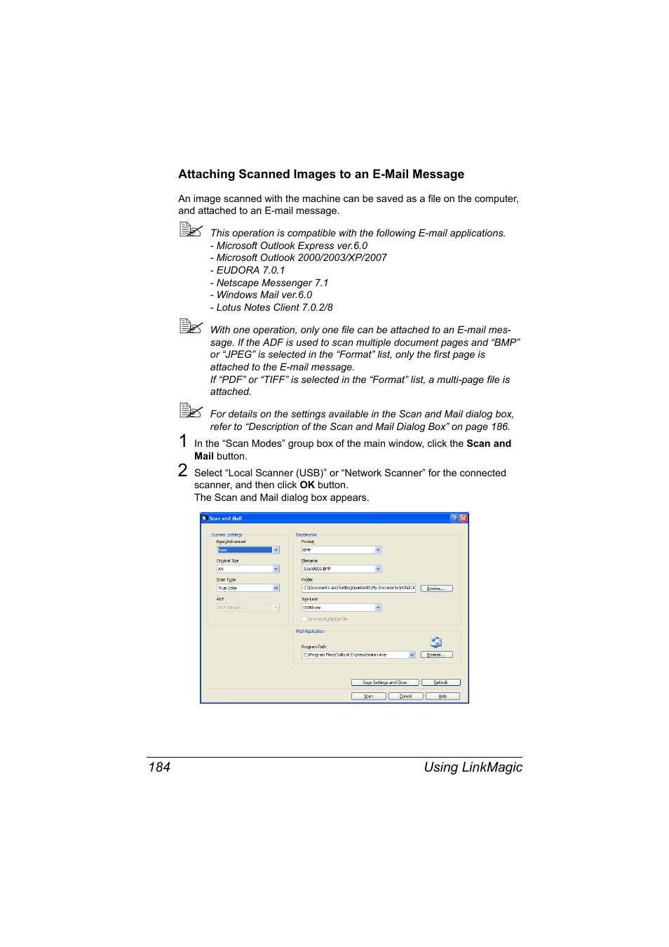 Attaching scanned images to an e-mail message, Attaching scanned images to an e-mail message 184 | Konica Minolta MAGICOLOR 4695MF User Manual | Page 208 / 546