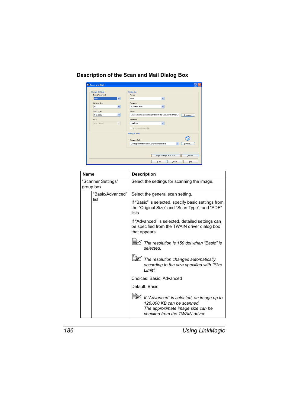 Description of the scan and mail dialog box, Description of the scan and mail dialog box 186 | Konica Minolta MAGICOLOR 4695MF User Manual | Page 210 / 546