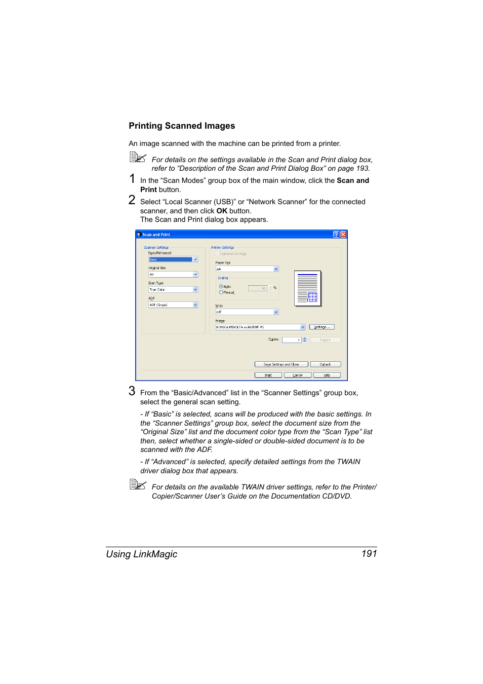 Printing scanned images, Printing scanned images 191 | Konica Minolta MAGICOLOR 4695MF User Manual | Page 215 / 546