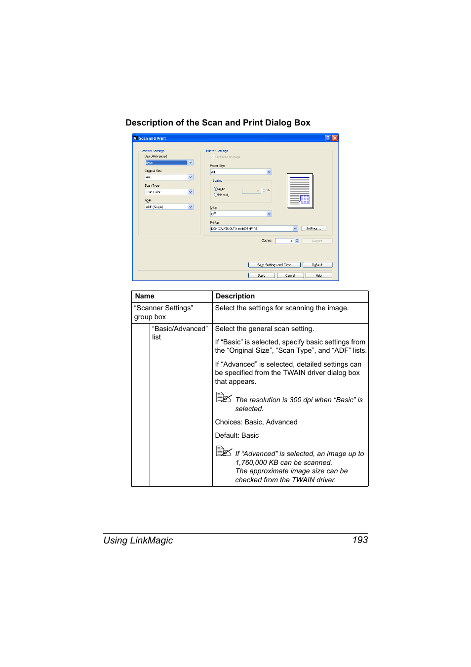 Description of the scan and print dialog box, Description of the scan and print dialog box 193 | Konica Minolta MAGICOLOR 4695MF User Manual | Page 217 / 546