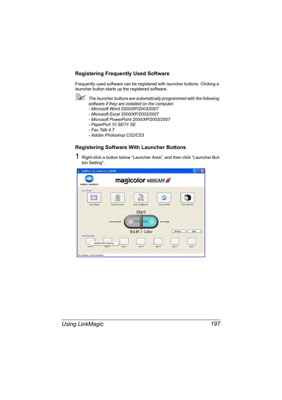 Registering frequently used software, Registering software with launcher buttons | Konica Minolta MAGICOLOR 4695MF User Manual | Page 221 / 546