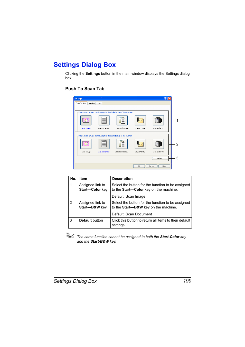 Settings dialog box, Push to scan tab, Settings dialog box 199 | Push to scan tab 199 | Konica Minolta MAGICOLOR 4695MF User Manual | Page 223 / 546