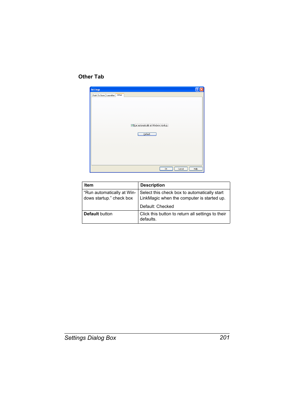 Other tab, Other tab 201, Settings dialog box 201 | Konica Minolta MAGICOLOR 4695MF User Manual | Page 225 / 546