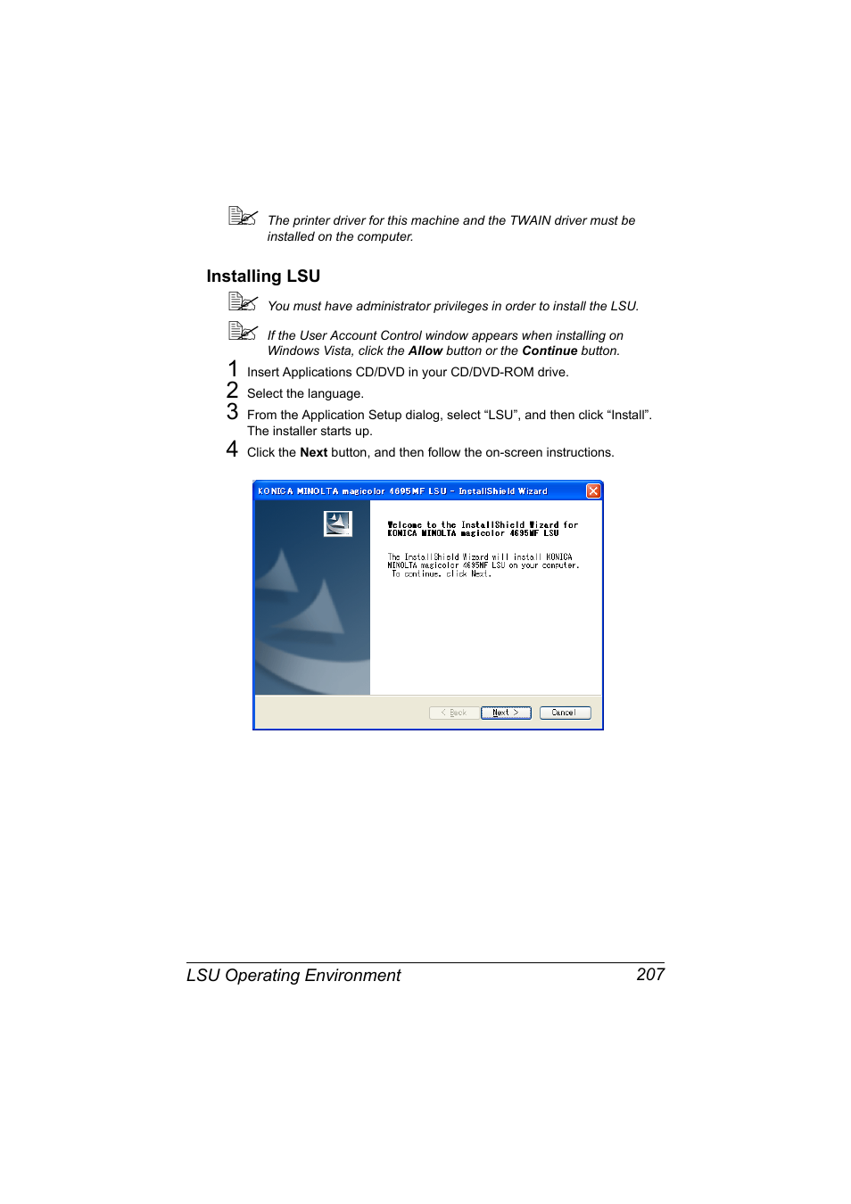 Installing lsu, Installing lsu 207 | Konica Minolta MAGICOLOR 4695MF User Manual | Page 231 / 546