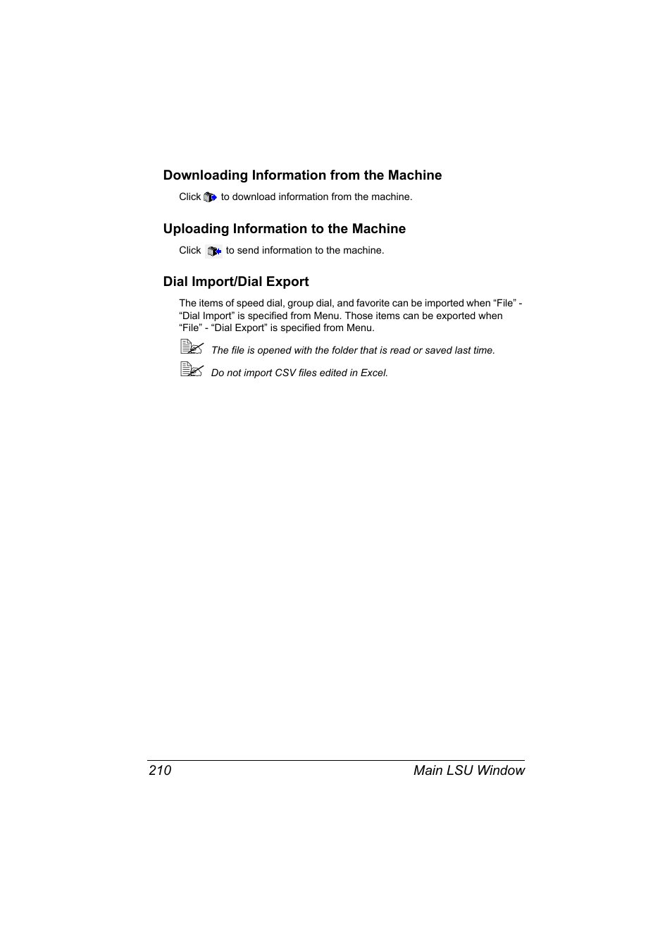 Downloading information from the machine, Uploading information to the machine, Dial import/dial export | Konica Minolta MAGICOLOR 4695MF User Manual | Page 234 / 546