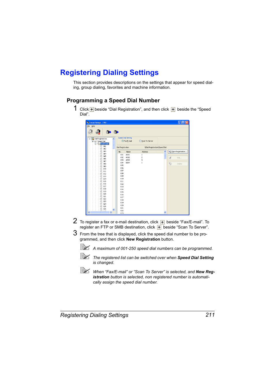 Registering dialing settings, Programming a speed dial number, Registering dialing settings 211 | Programming a speed dial number 211 | Konica Minolta MAGICOLOR 4695MF User Manual | Page 235 / 546