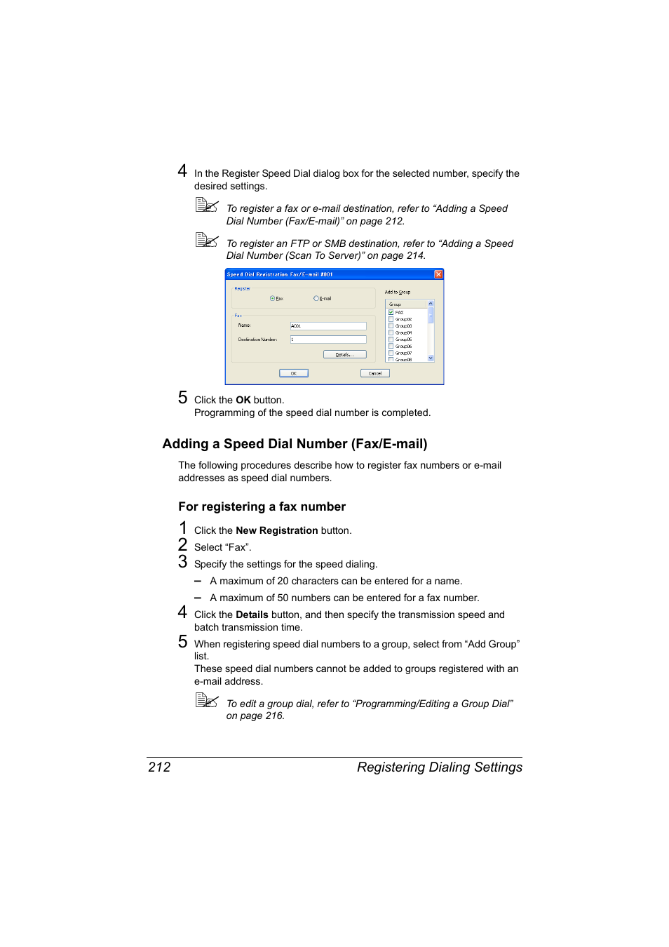 Adding a speed dial number (fax/e-mail), For registering a fax number, Adding a speed dial number (fax/e-mail) 212 | For registering a fax number 212 | Konica Minolta MAGICOLOR 4695MF User Manual | Page 236 / 546