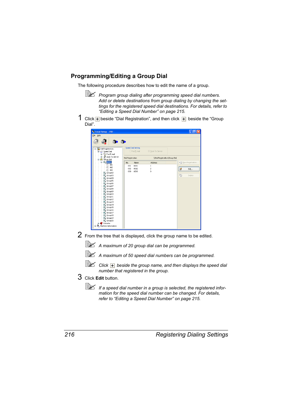 Programming/editing a group dial, Programming/editing a group dial 216 | Konica Minolta MAGICOLOR 4695MF User Manual | Page 240 / 546