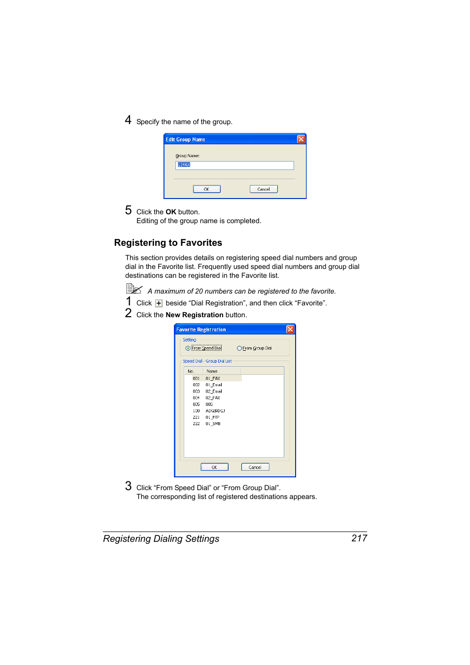 Registering to favorites, Registering to favorites 217 | Konica Minolta MAGICOLOR 4695MF User Manual | Page 241 / 546