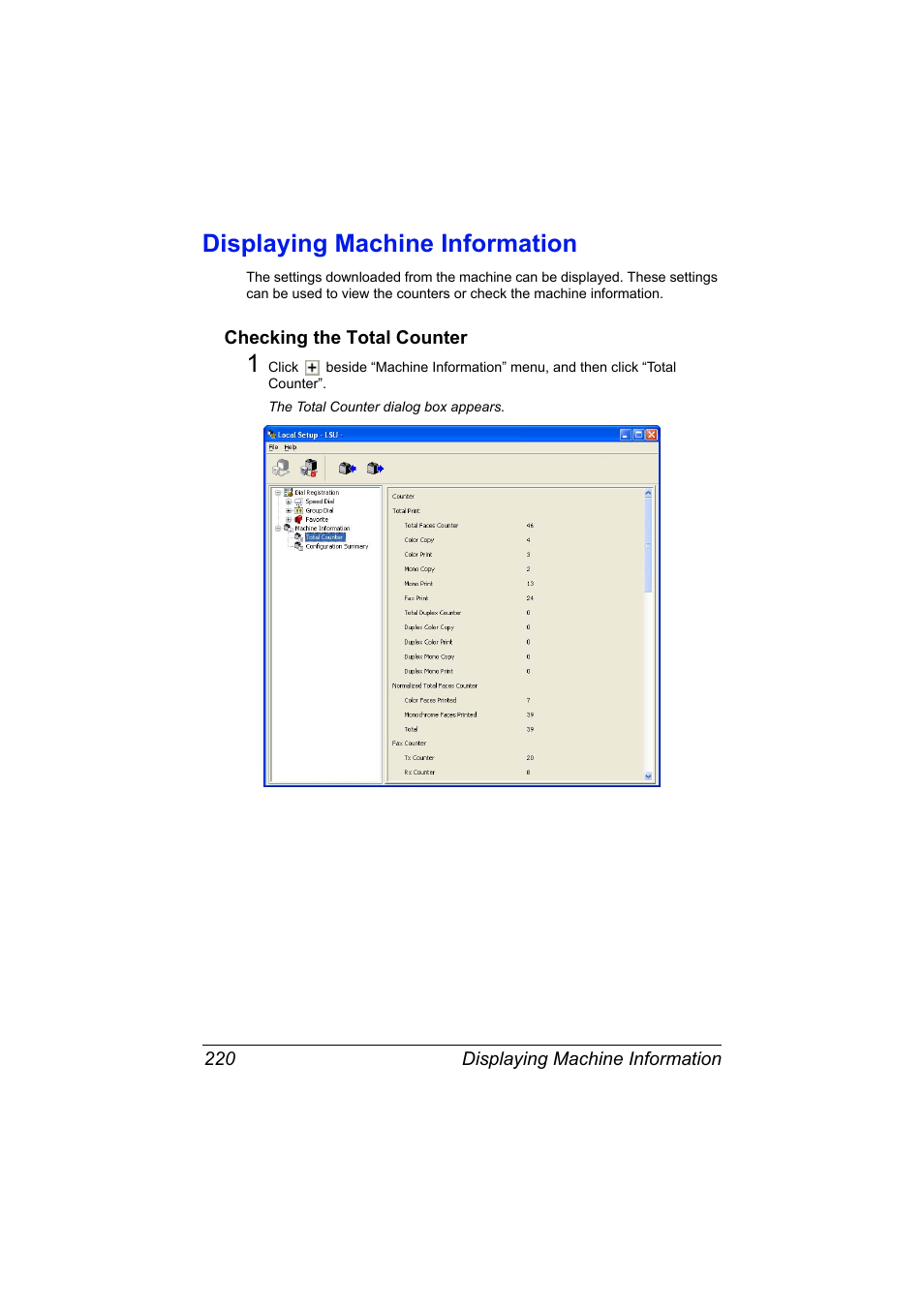 Displaying machine information, Checking the total counter, Displaying machine information 220 | Checking the total counter 220 | Konica Minolta MAGICOLOR 4695MF User Manual | Page 244 / 546