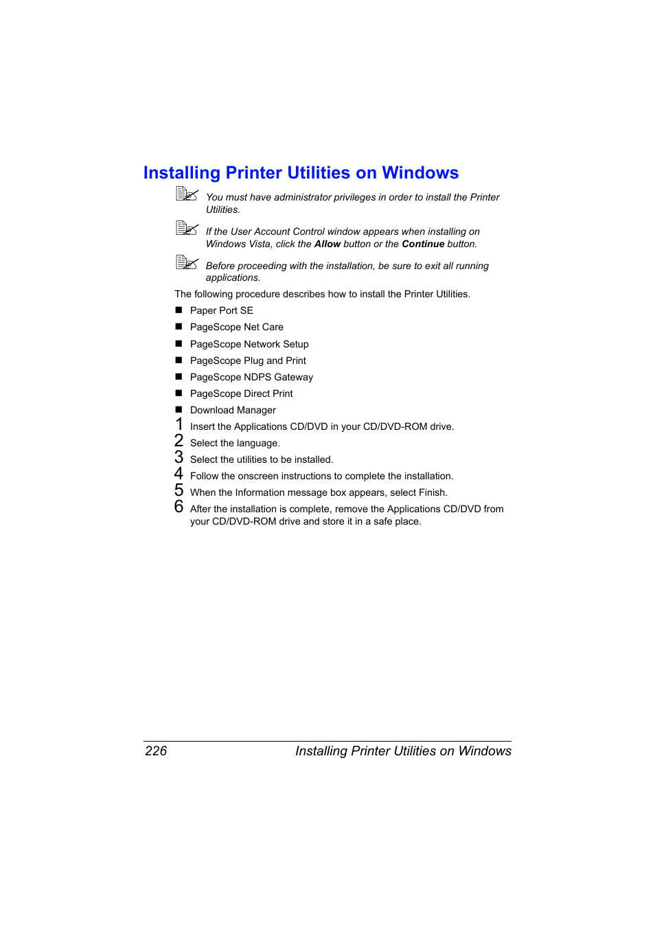 Installing printer utilities on windows, Installing printer utilities on windows 226 | Konica Minolta MAGICOLOR 4695MF User Manual | Page 250 / 546